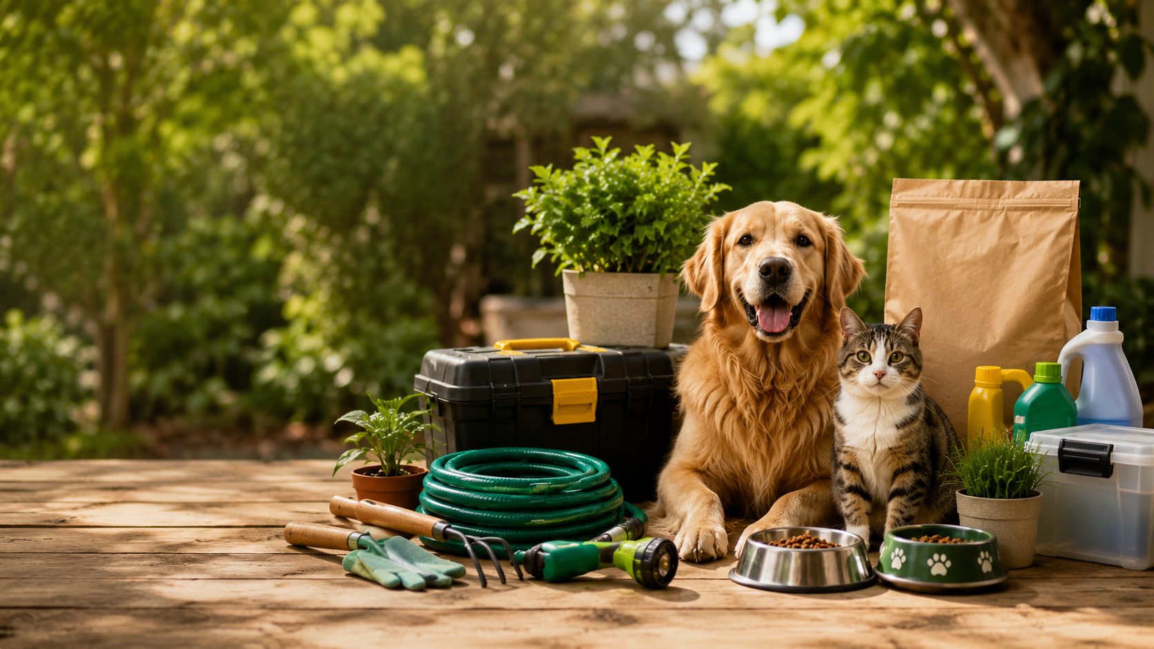 Itens para jardim, organização e cuidados com animais em ambiente residencial
